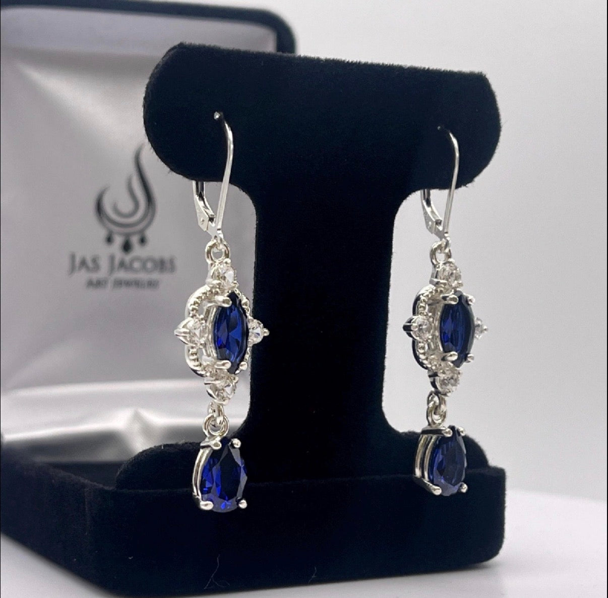 Vintage Inspired 6.7ctw Blue Sapphire Drop Earrings with White Sapphire Accents
