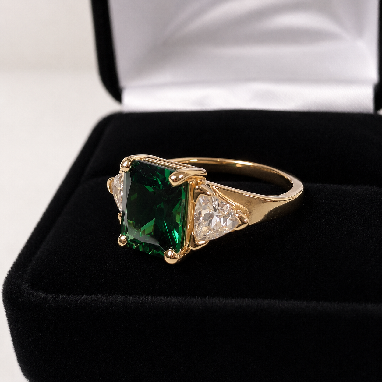 4.5CTW Emerald Cut Emerald Ring | Trillion White Sapphire Three Stone Ring