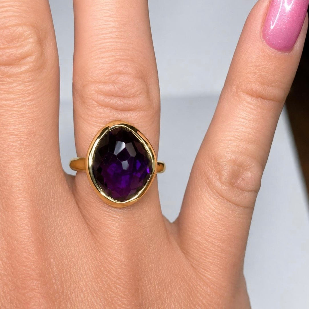 5ct Checker Cut Amethyst Ring | 18K Yellow Gold Vermeil | Modern Bezel Statement Ring
