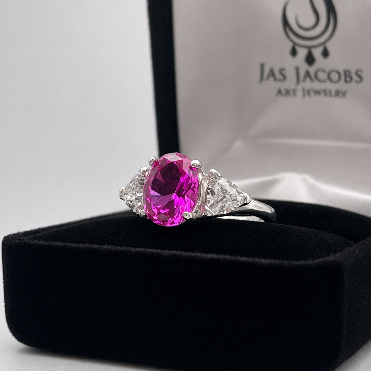 4ctw Bright Pink Sapphire Ring | White Sapphire Trillions | Three-Stone