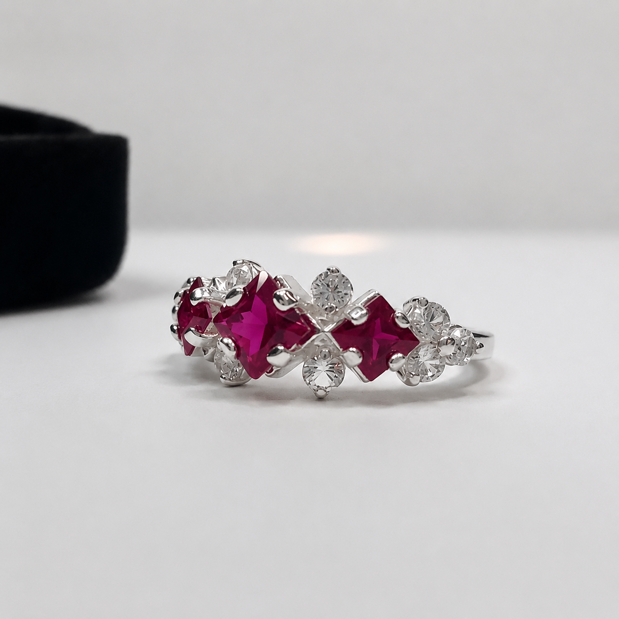 Art Deco Inspired Ruby and Diamond Three Stone Ring