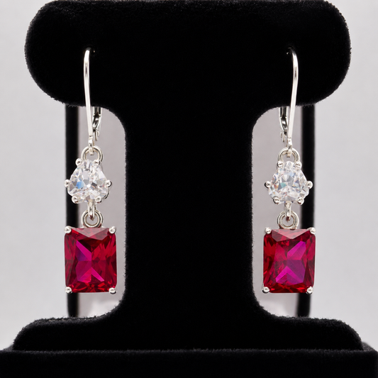 9ctw Emerald Cut Ruby & White Sapphire Dangle Earrings