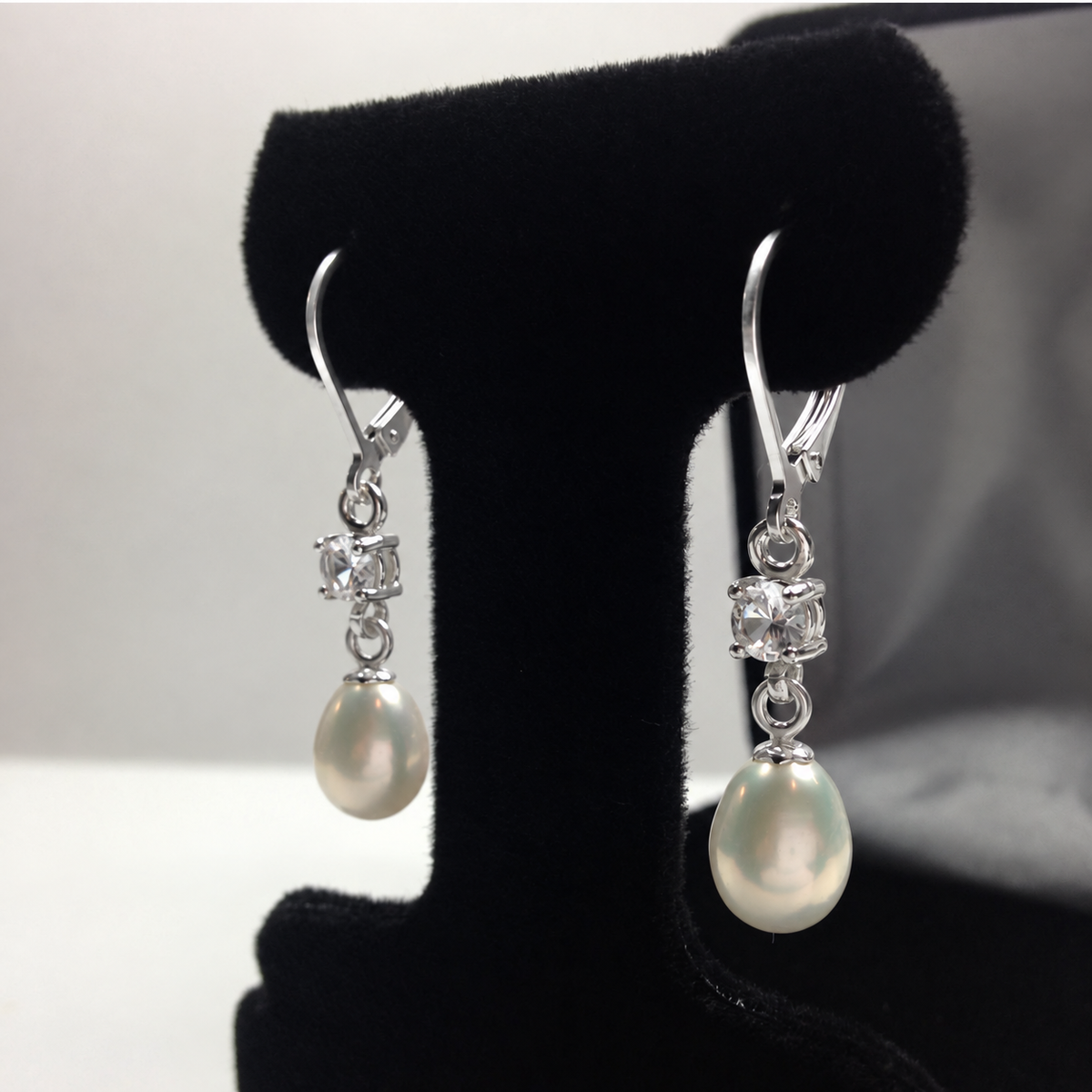 Pearl & White Sapphire Leverback Drop Earrings