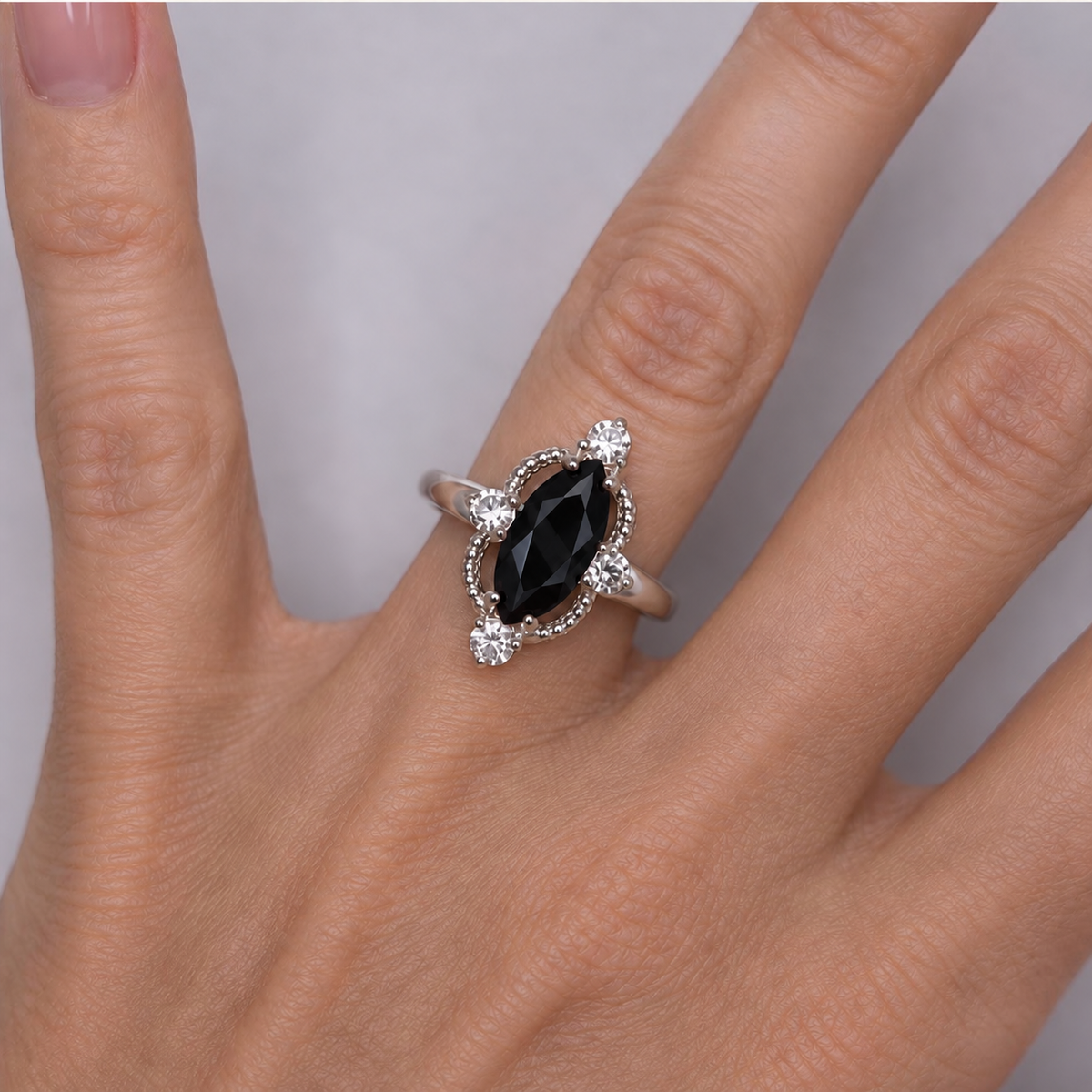 Marquise Black Onyx & White Sapphire Ring