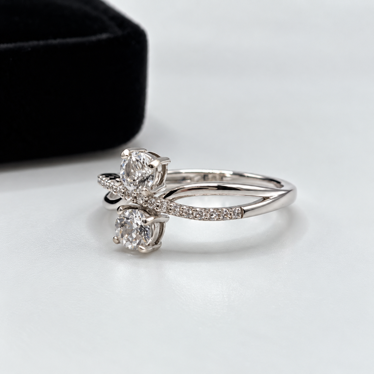 White Sapphire Two Stone Bypass Ring with Pavé Twist