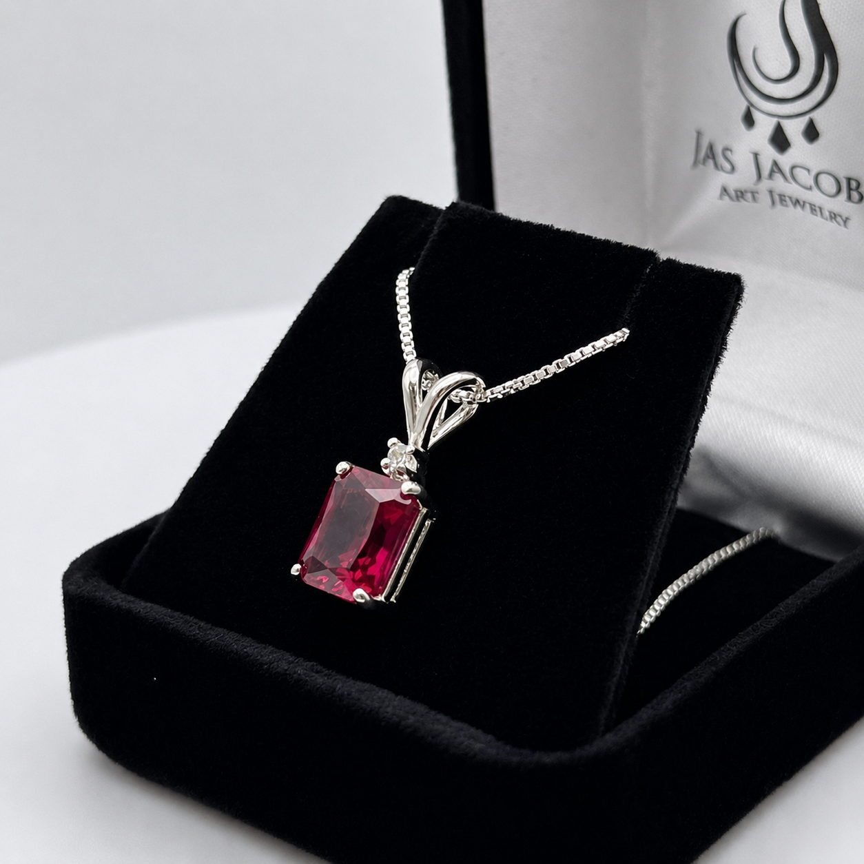 3CTW Emerald Cut Ruby Pendant Necklace | Diamond Accent