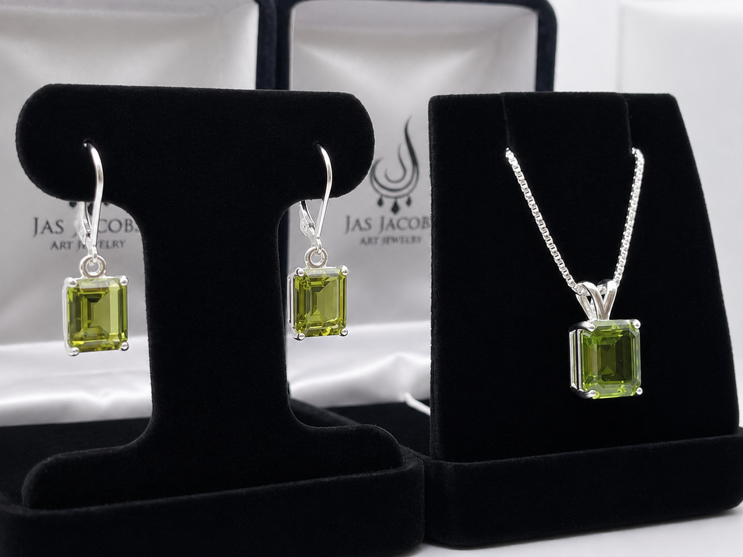 Emerald Cut Peridot Necklace and Earrings Set in Sterling Silver | August Birthstone Jewelry Gift for Her