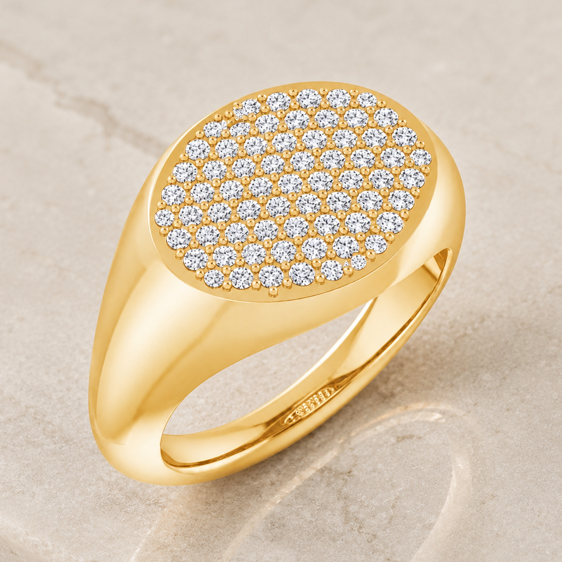 14K Yellow Gold Pavé Diamond Cluster Signet Ring | Oval Diamond Statement Ring | 67 Round Diamonds