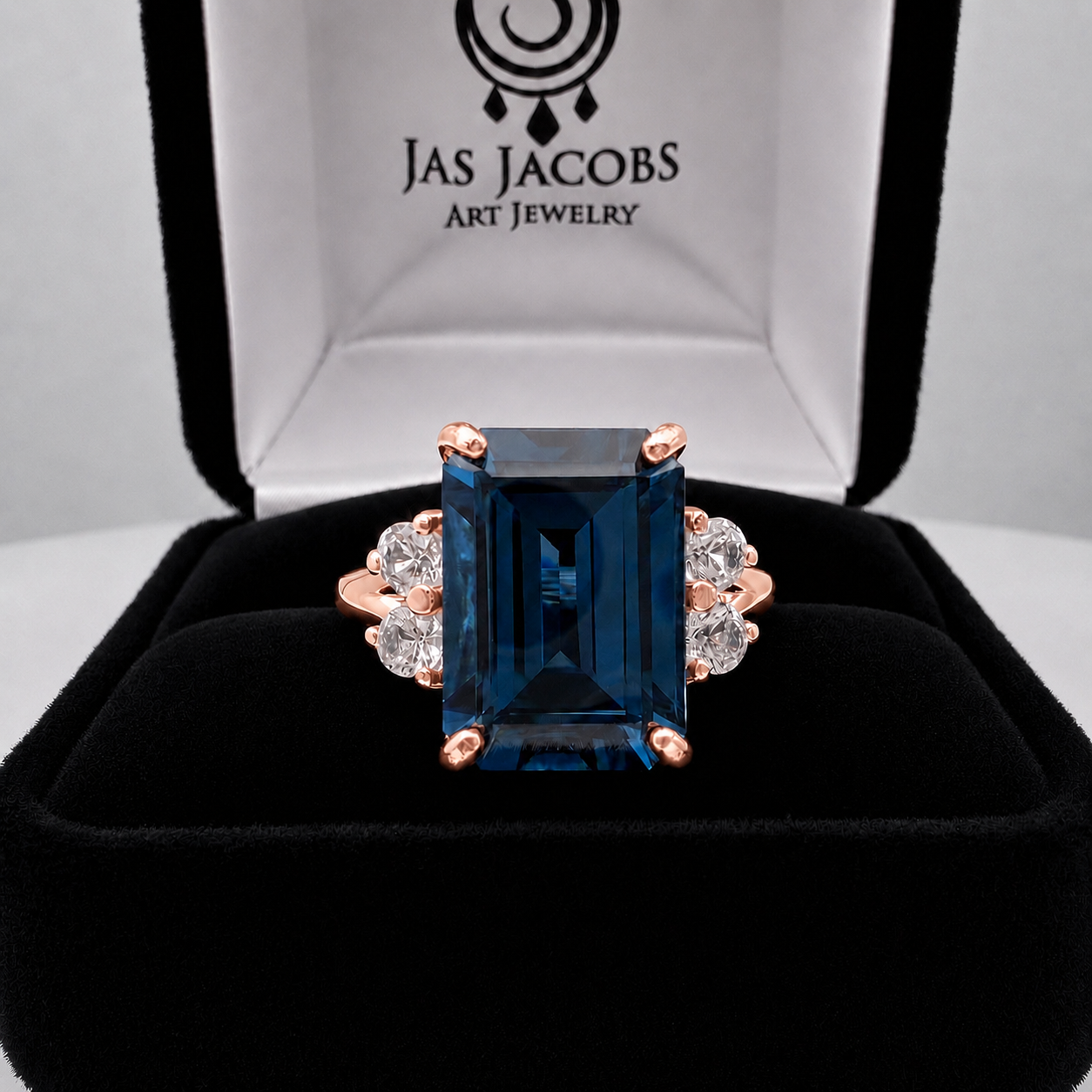7ct Emerald Cut London Blue Spinel and White Topaz Ring | Split Shank Cathedral Ring | 10k or 14k Gold