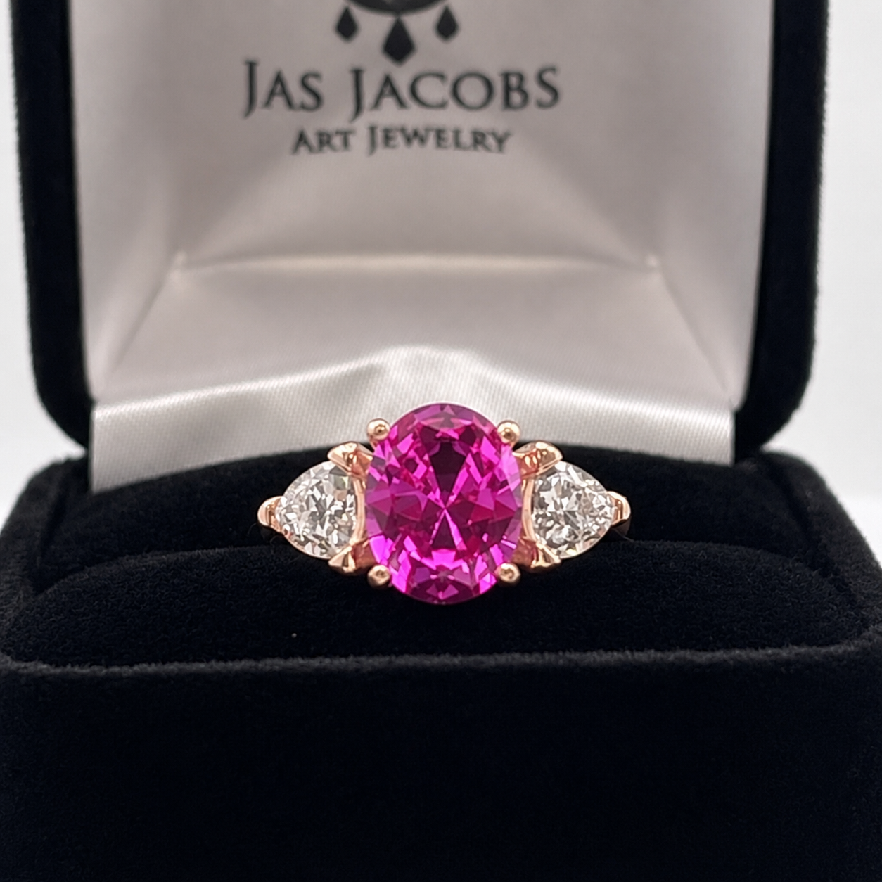 4ctw Bright Pink Sapphire Ring | White Sapphire Trillions | Three-Stone