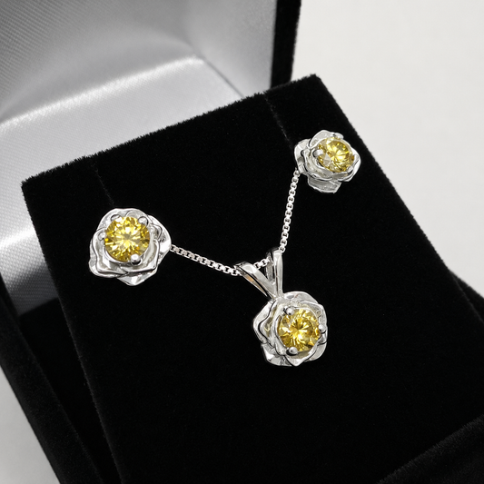 Yellow Citrine Floral Jewelry Set | Sculptural Rose Pendant Necklace & Earrings