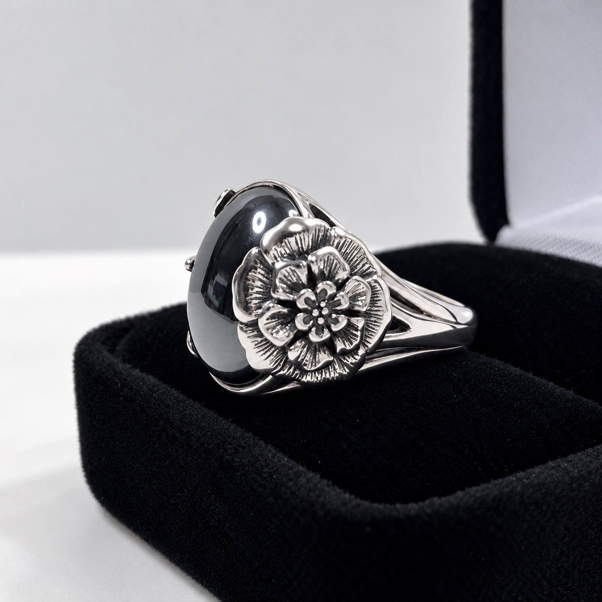 Hematite floral ring