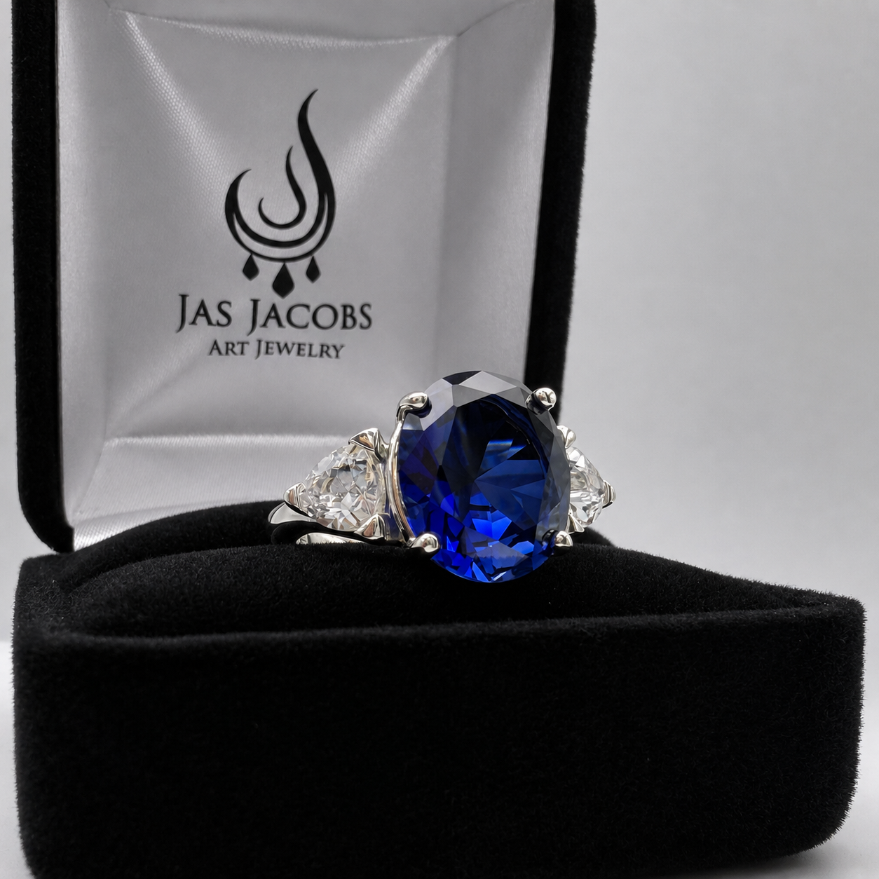 6ctw Oval Cut Blue Sapphire Three Stone Ring | Trillion Cut White Sapphires