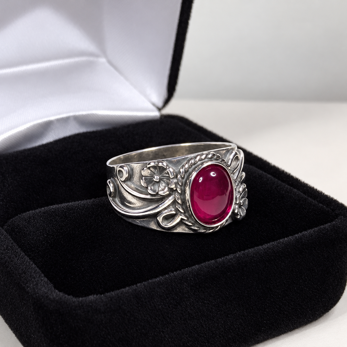 1.3ct Oval Cabochon Ruby Floral Wide Band Ring