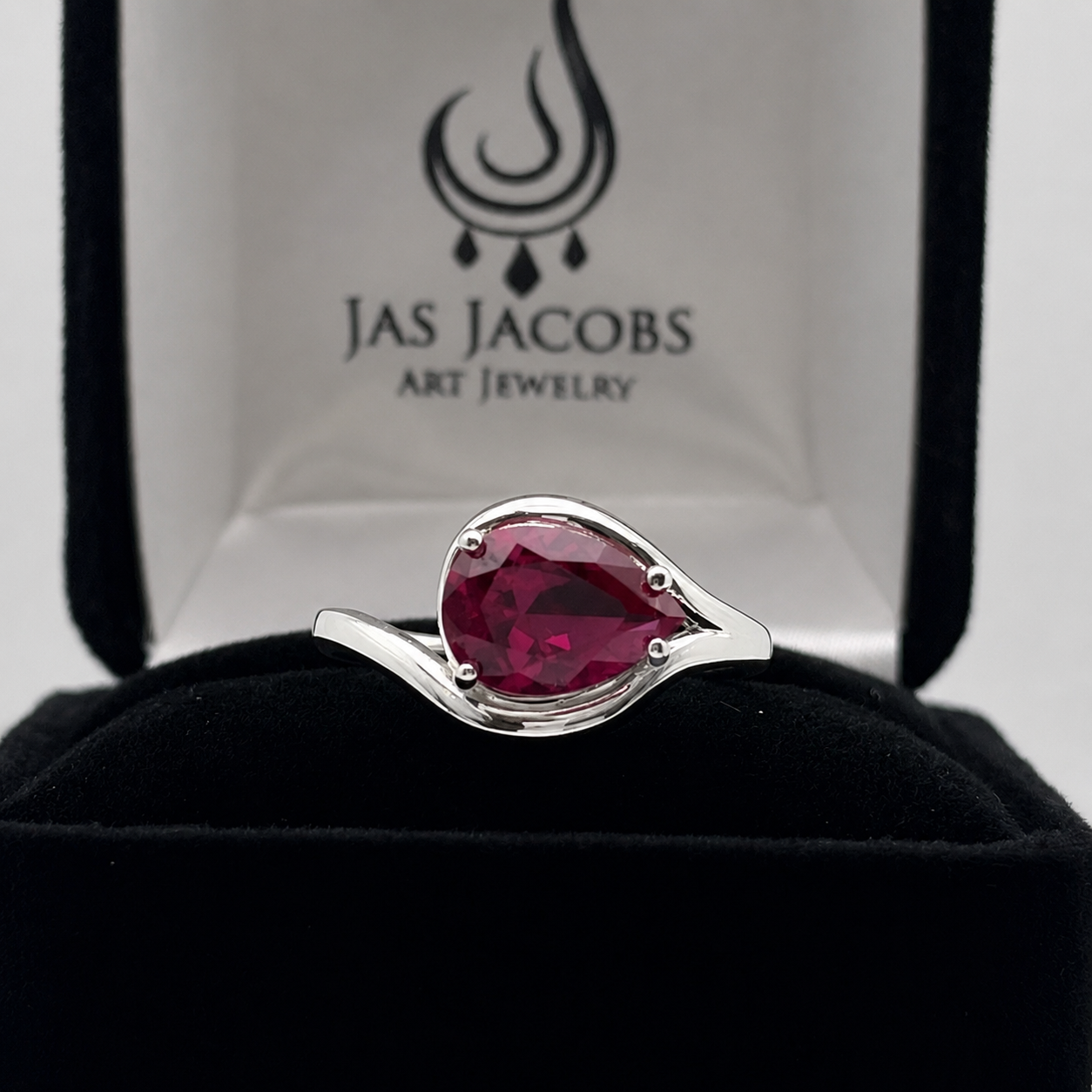 Pear Cut Side Set Ruby Ring | Elegant Arabesque Solitaire Ruby Ring | Available in Sterling Silver & 10K or 14K Gold