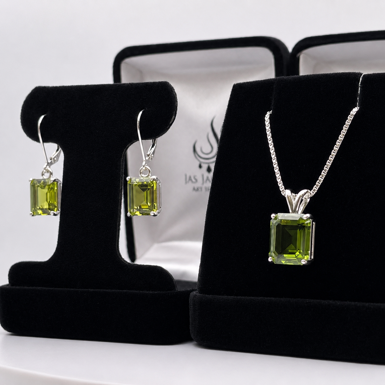 Emerald Cut Peridot Necklace and Earrings Set in Sterling Silver | August Birthstone Jewelry Gift for Her