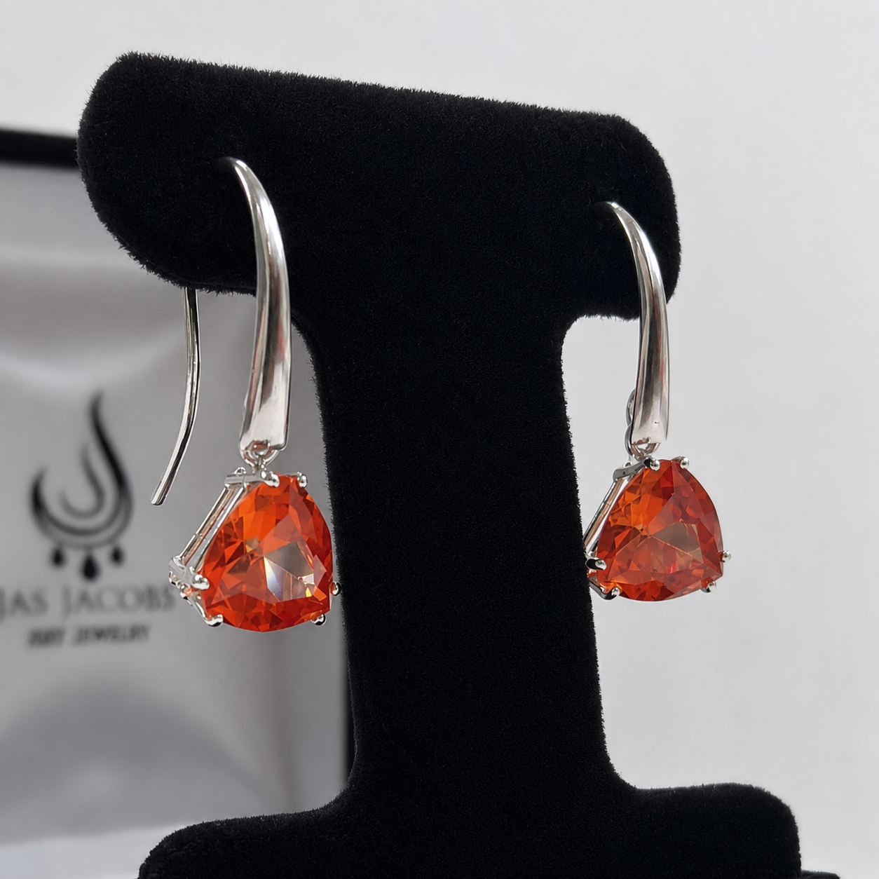 7ct Trillion Cut Padparadscha Sapphire Dangle Earrings in Sterling Silver