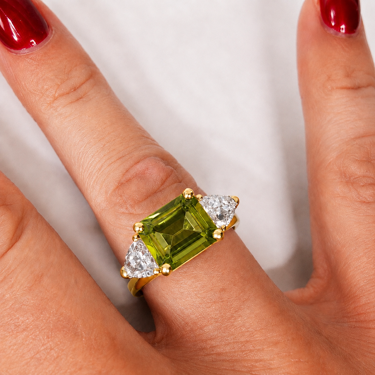 Emerald Cut Peridot & Trillion White Sapphire Art Deco Ring