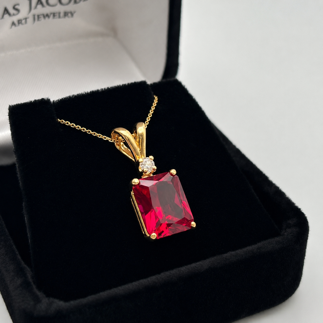 3CTW Emerald Cut Ruby Pendant Necklace | Diamond Accent
