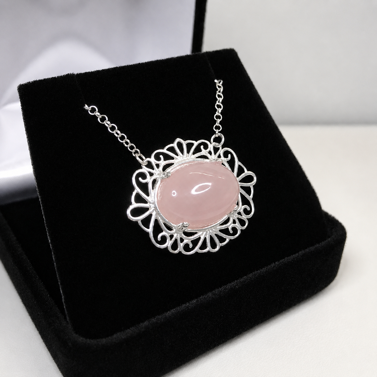 9CT Oval Cabochon Rose Quartz Festoon Pendant Necklace | Sterling Silver