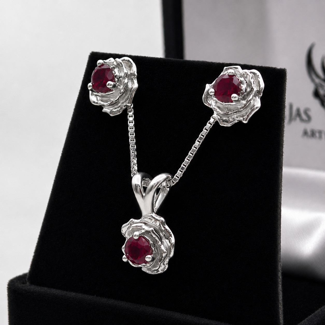 Ruby Rose Jewelry Set | Sculptural Sterling Silver Pendant Necklace & Earrings