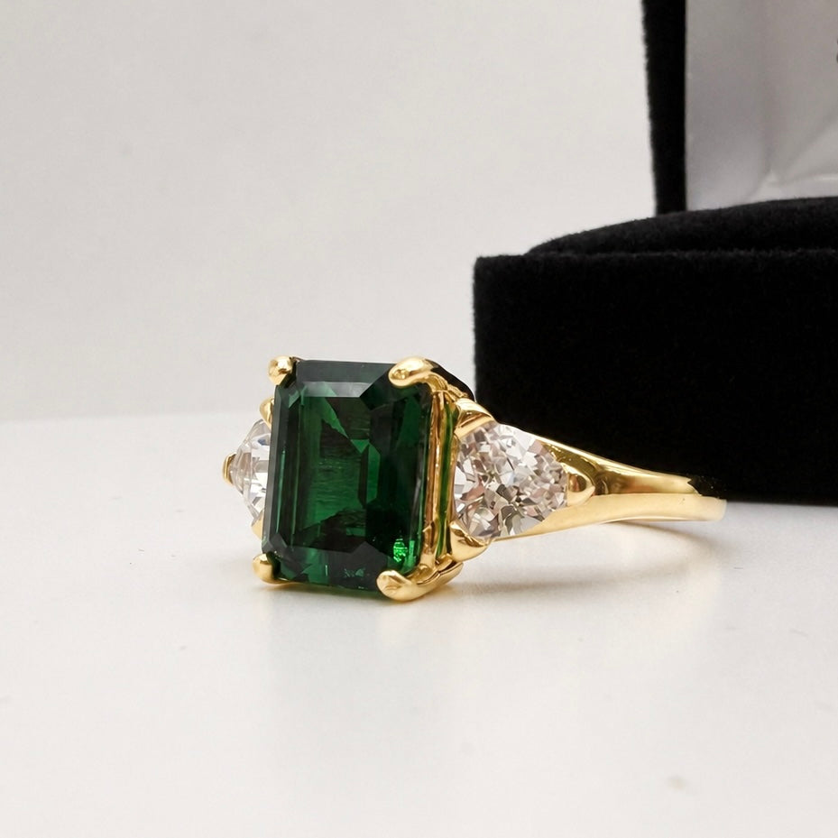 4.5CTW Emerald Cut Lab Emerald Ring | Trillion White Sapphire Three Stone Ring