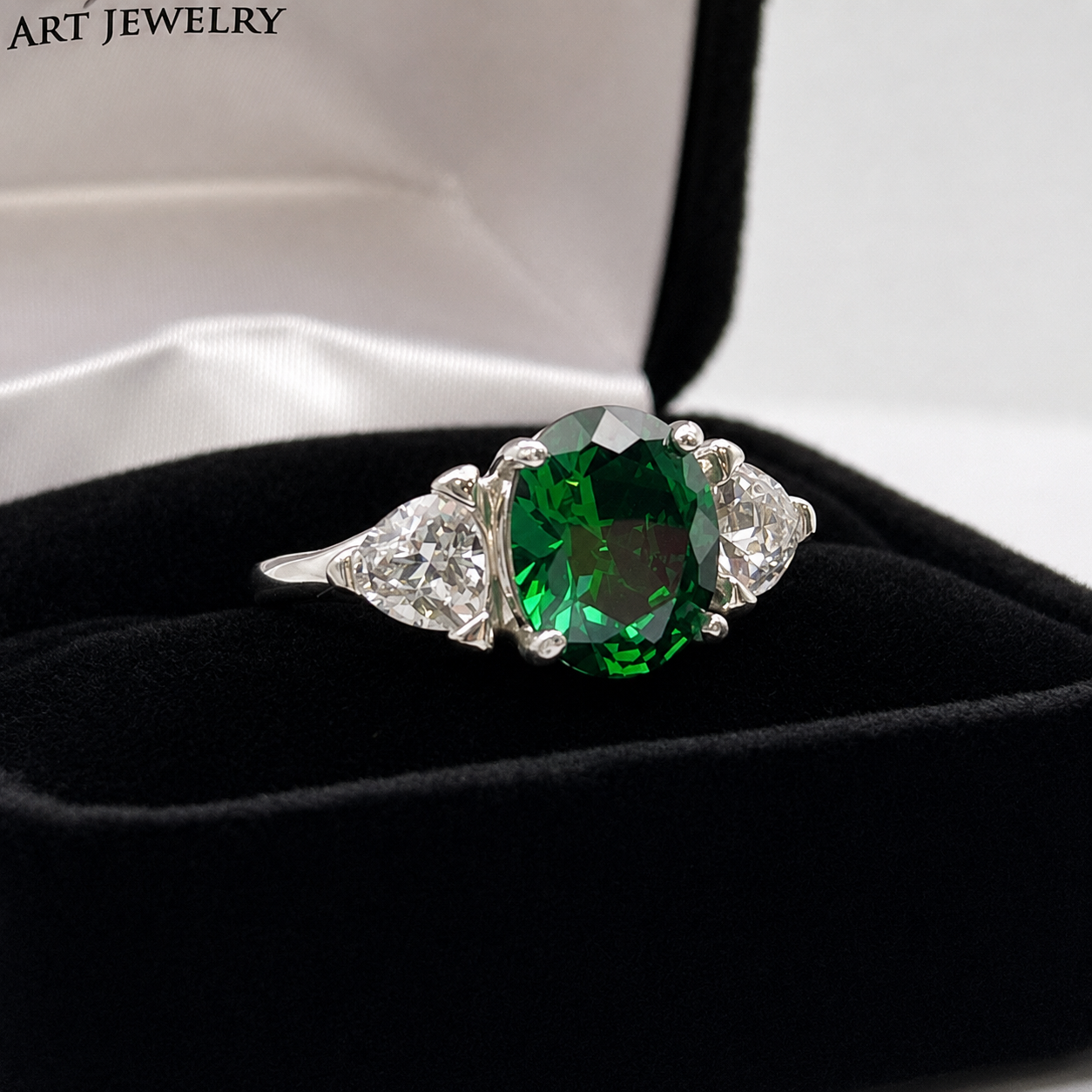 4ctw Oval Cut Lab Grown Emerald & Trillion White Sapphire Three Stone Ring