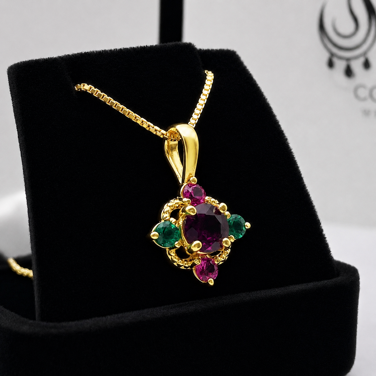 Vintage Inspired Rhodolite Garnet Pendant Necklace with Emeralds & Pink Sapphires | Heirloom Jewelry Gift | Customizable Jewelry