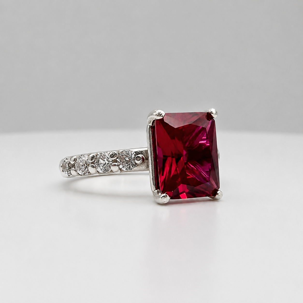 4.64 CTW Emerald Cut Ruby Ring | Diamond Band