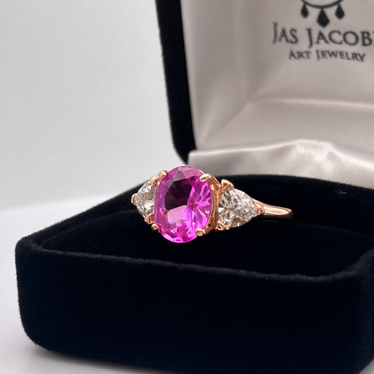 Vivid Pink Sapphire & White Sapphire Three-Stone Ring