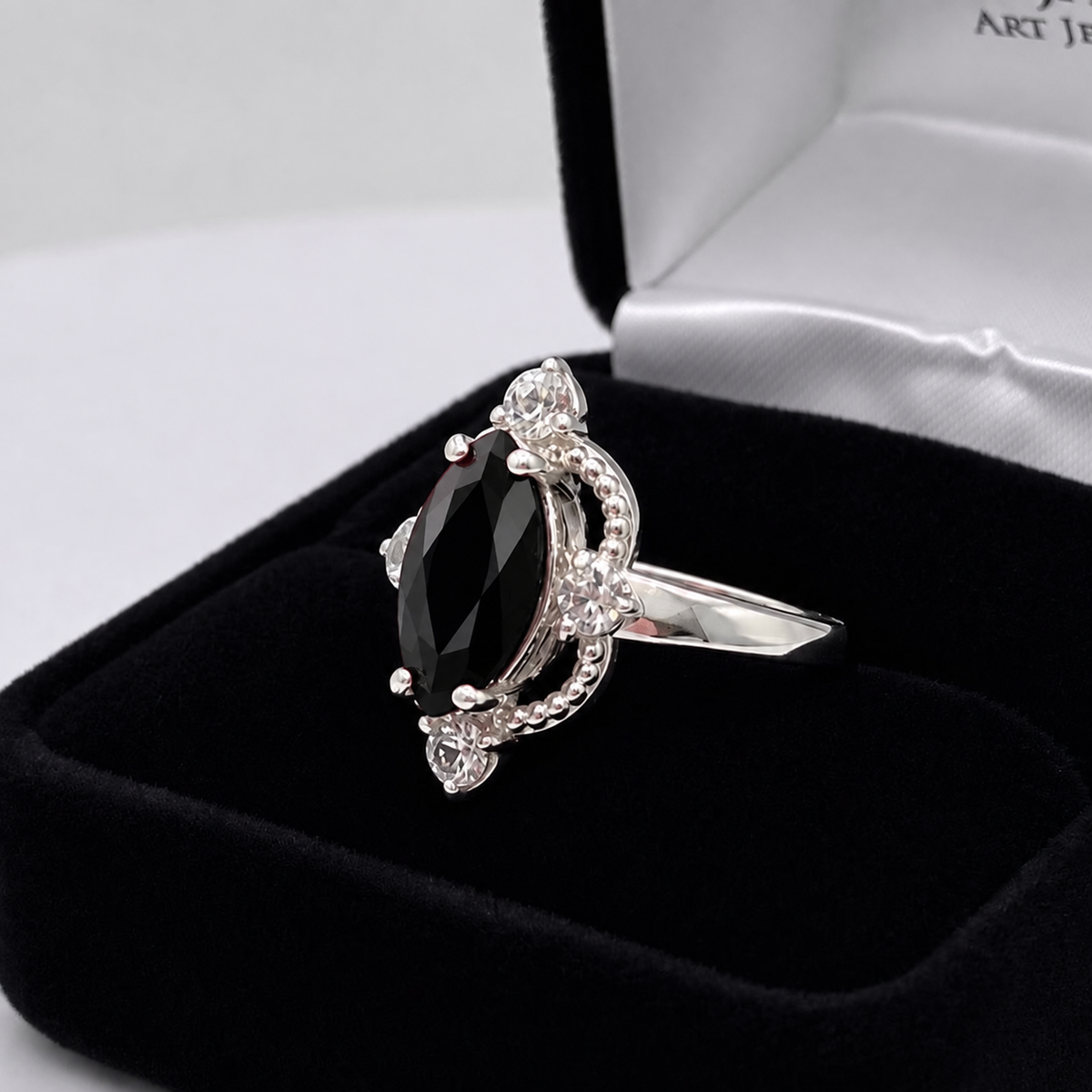Marquise Black Onyx & White Sapphire Ring