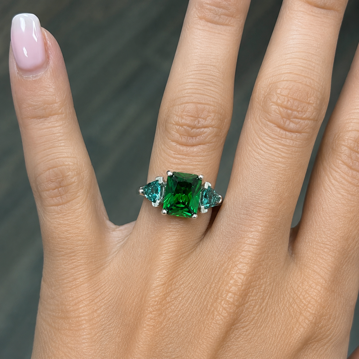 4 CTW Emerald & Green Quartz Three Stone Ring