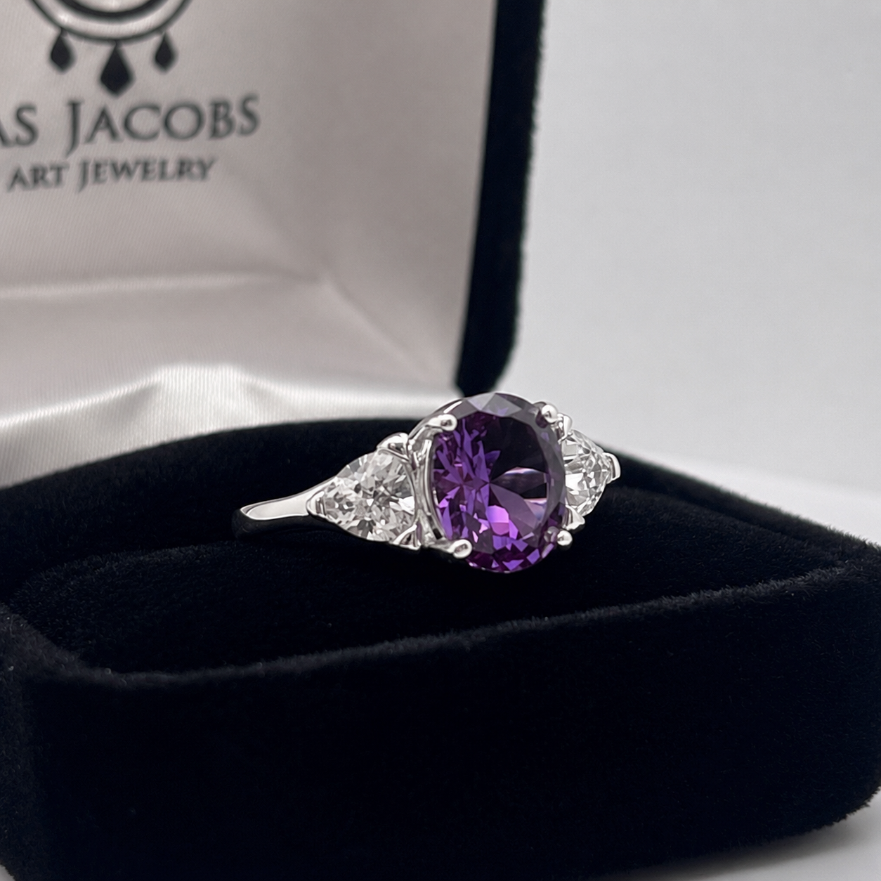 4ctw Color Change Alexandrite Sapphire Ring | Trillion White Sapphires | Three-Stone Ring