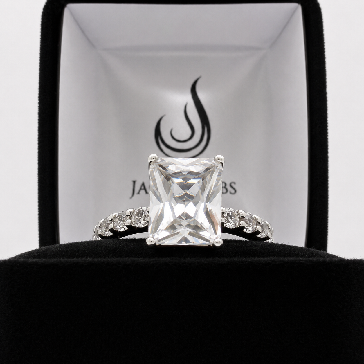 4CT Emerald Cut White Sapphire Ring | 0.64 CTW Diamond Accent Engagement Ring