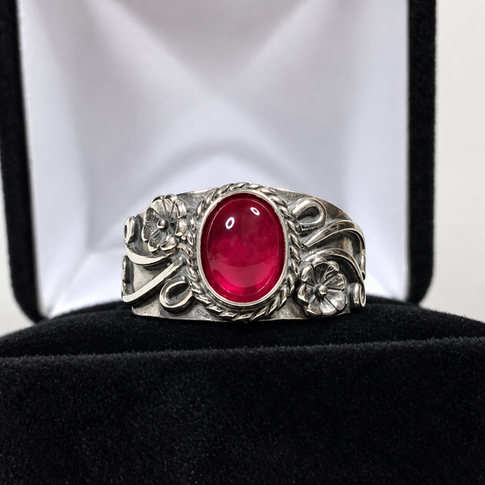 1.3ct Oval Cabochon Ruby Floral Wide Band Ring