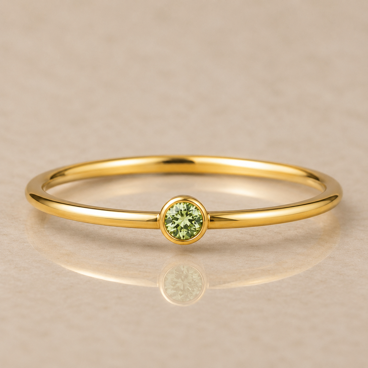 14K Yellow Gold Filled 2mm Peridot Inspired Lime Green Cubic Zirconia Ring | Bezel Set Stackable Water Resistant Ring
