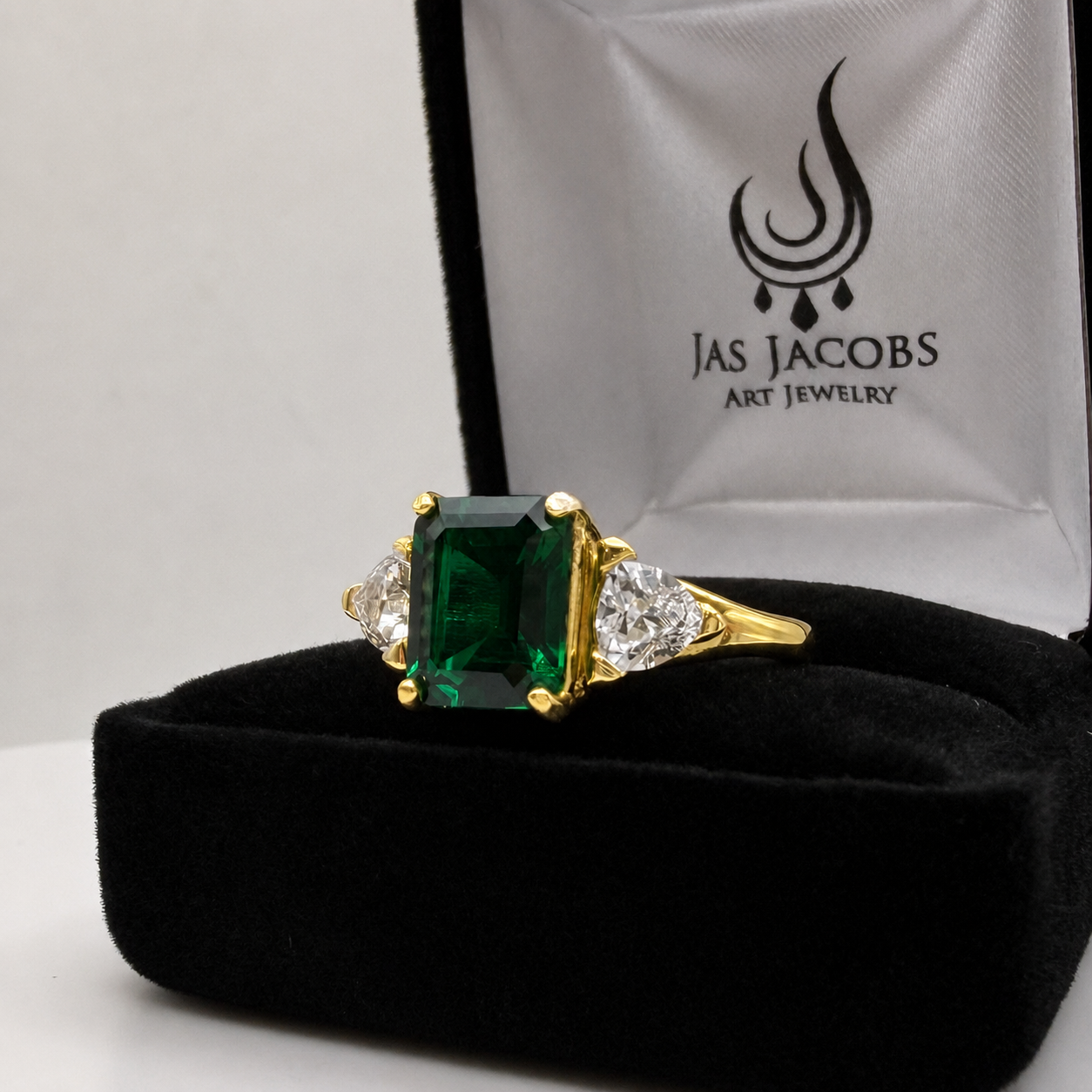 4.5CTW Emerald Cut Lab Emerald Ring | Trillion White Sapphire Three Stone Ring