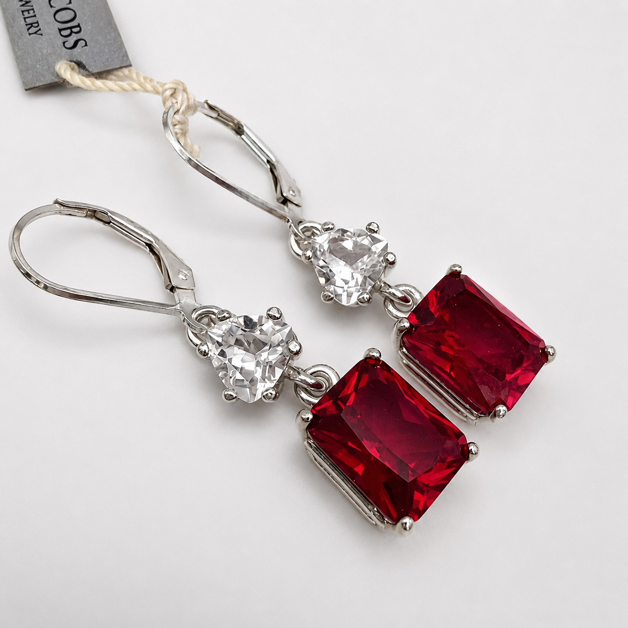 9ctw Emerald Cut Ruby & White Sapphire Dangle Earrings
