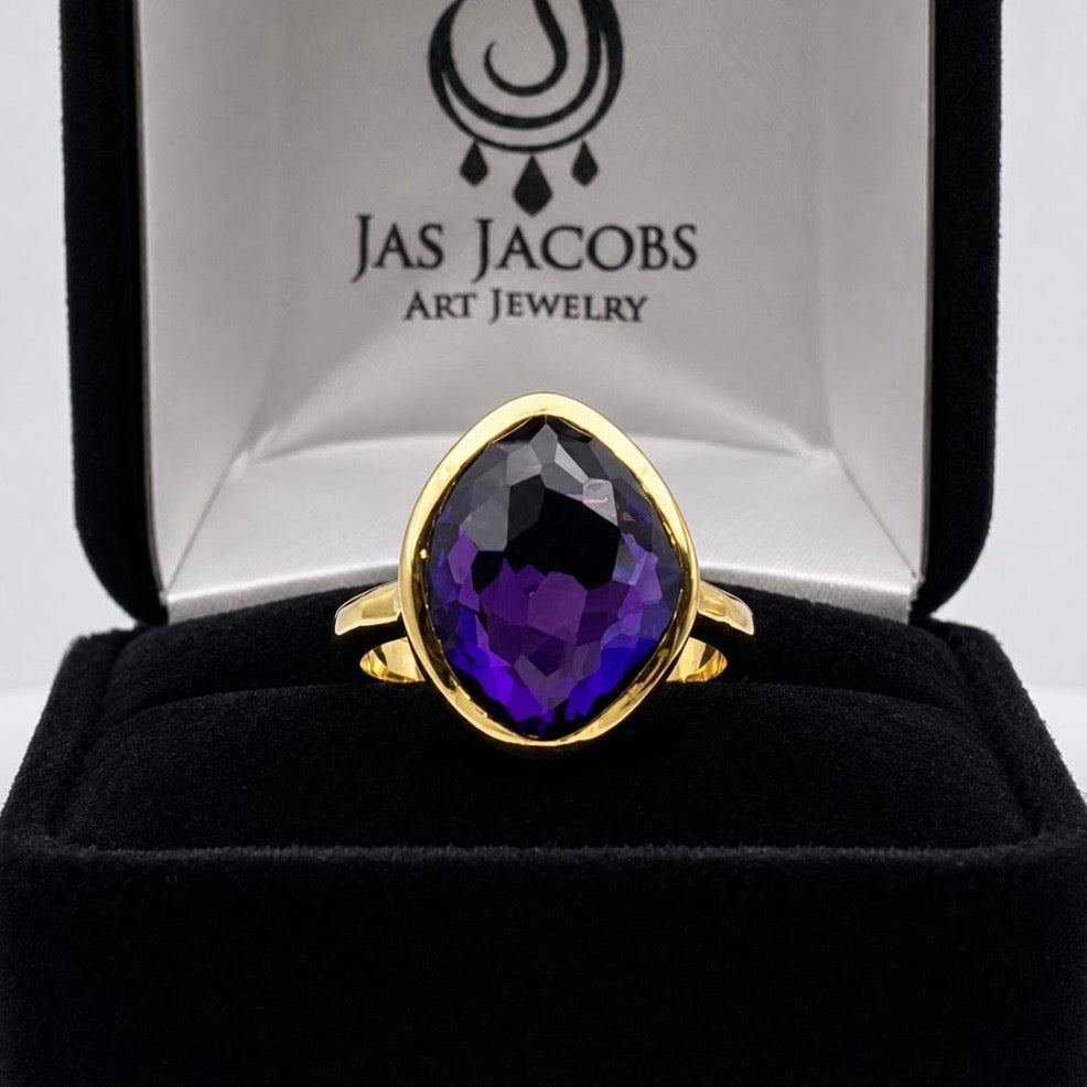 5ct Checker Cut Amethyst Ring | 18K Yellow Gold Vermeil | Modern Bezel Statement Ring