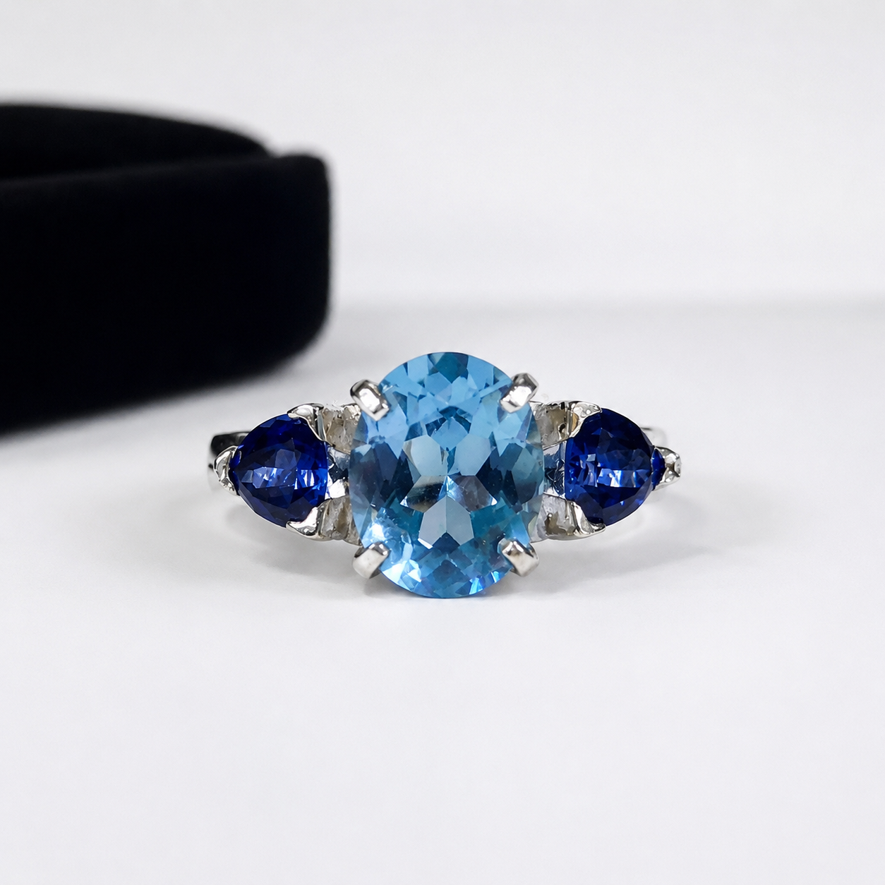 5CTW Oval Cut Sky Blue Topaz Ring | Trillion Blue Sapphire Three Stone Ring