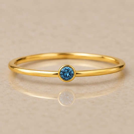 14K Yellow Gold Filled 2mm Swiss Blue Topaz Inspired Cubic Zirconia Ring | Water Resistant Bezel Set Stackable Ring