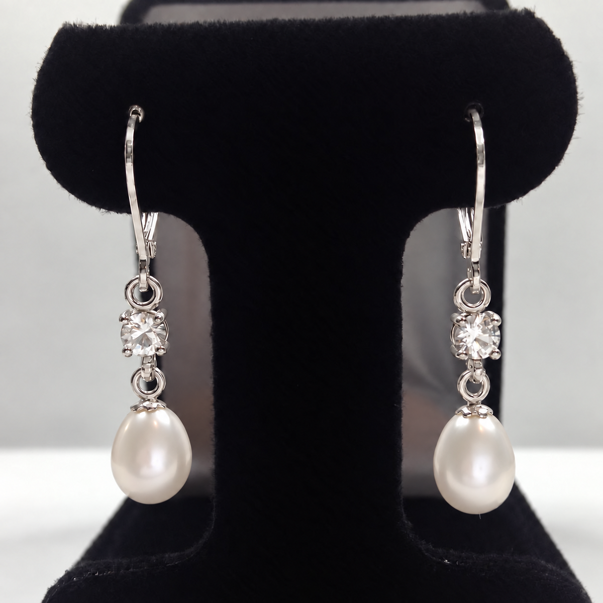 Pearl & White Sapphire Leverback Drop Earrings