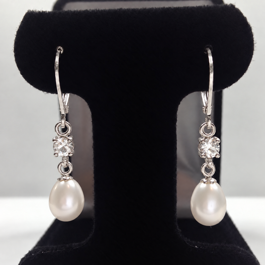 Pearl & White Sapphire Leverback Drop Earrings
