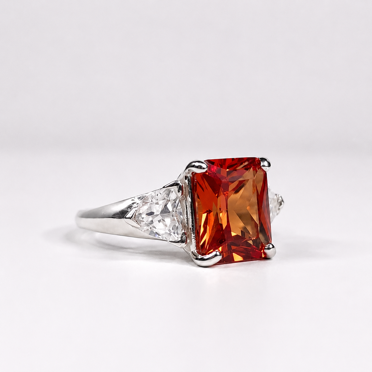 5.5ct Emerald Cut Padparadscha Sapphire Ring | Trillion Cut White Sapphire Three Stone Ring