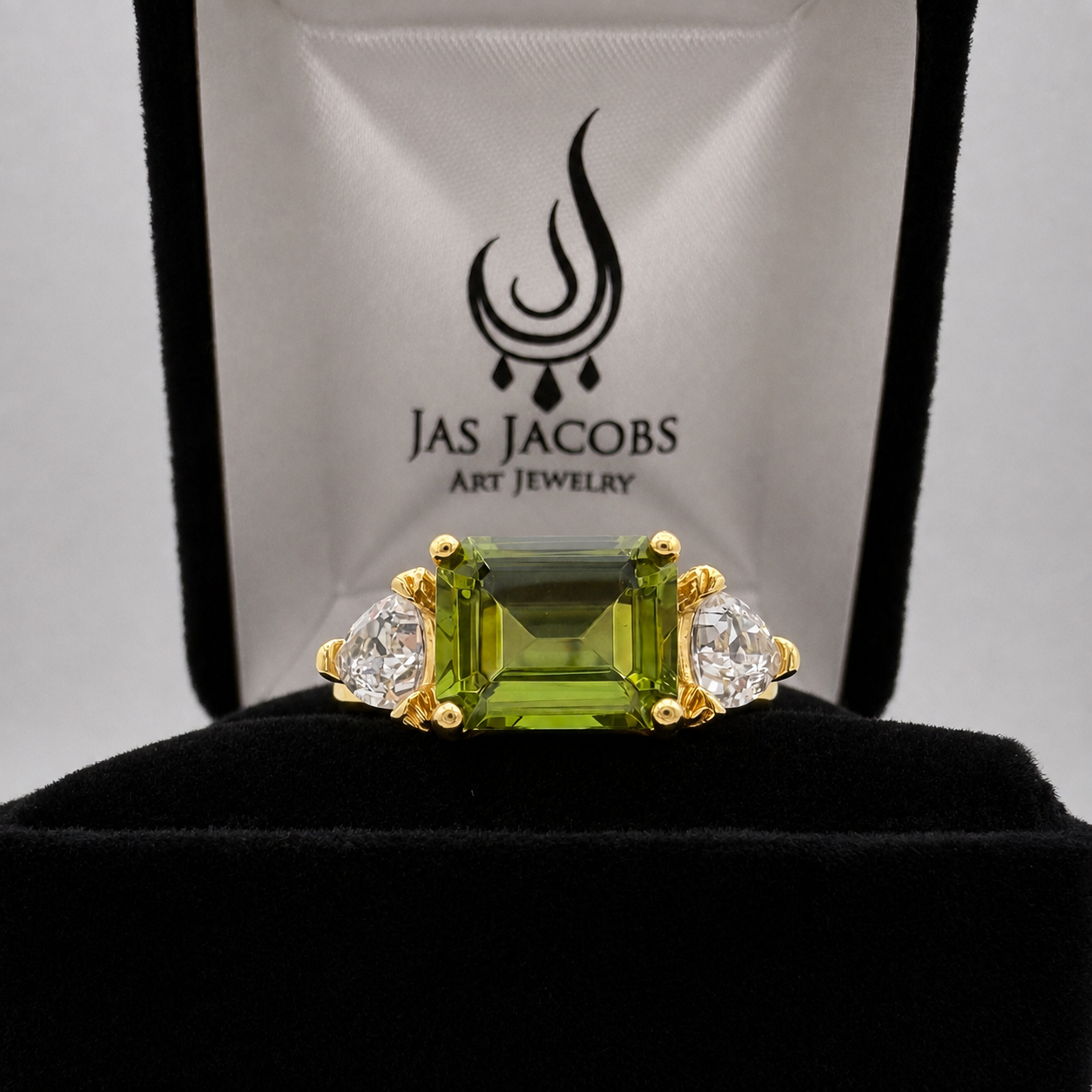 Emerald Cut Peridot & Trillion White Sapphire Art Deco Ring