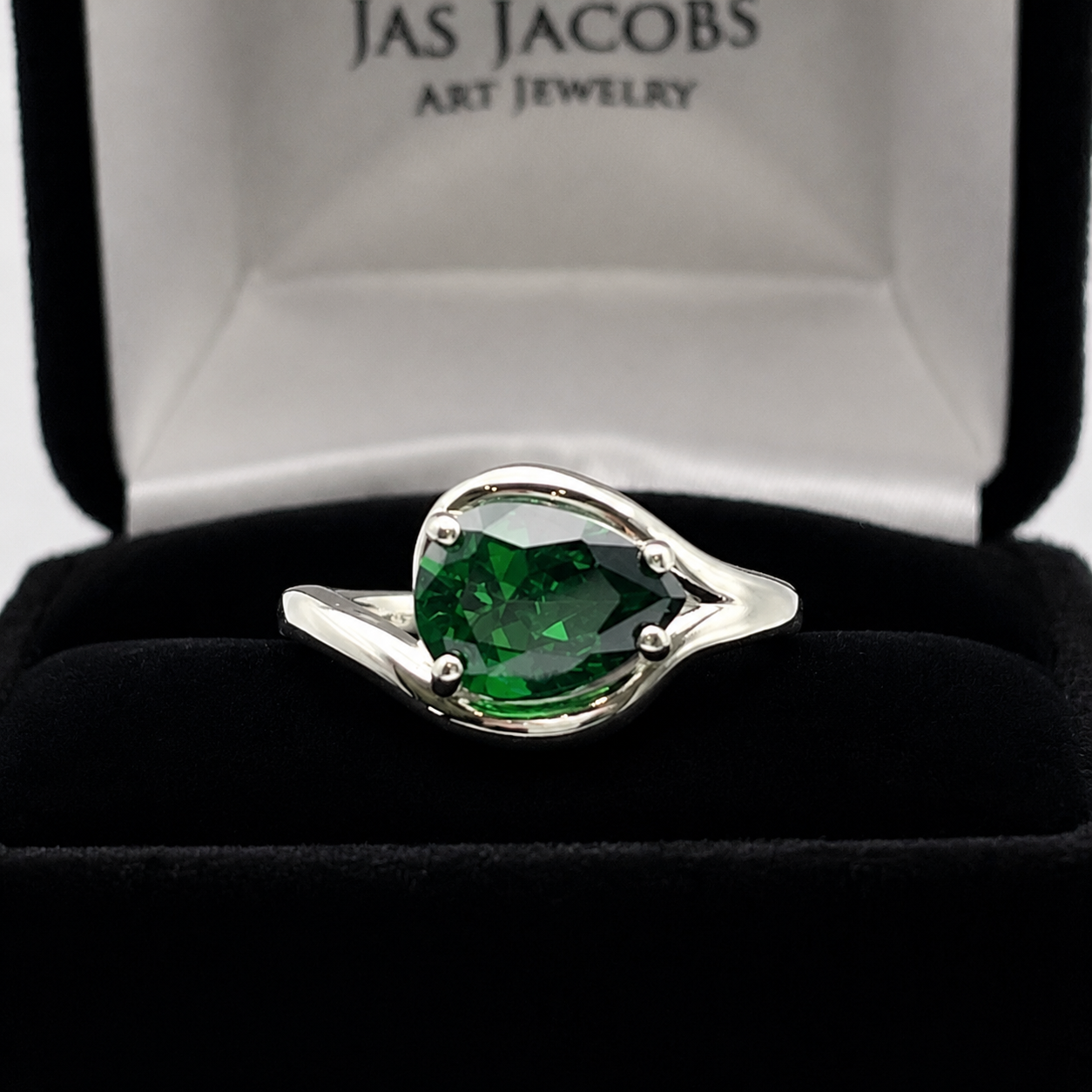 Pear Cut Emerald Ring Side Set Green Teardrop Gemstone Ring | Handmade Fine Jewelry