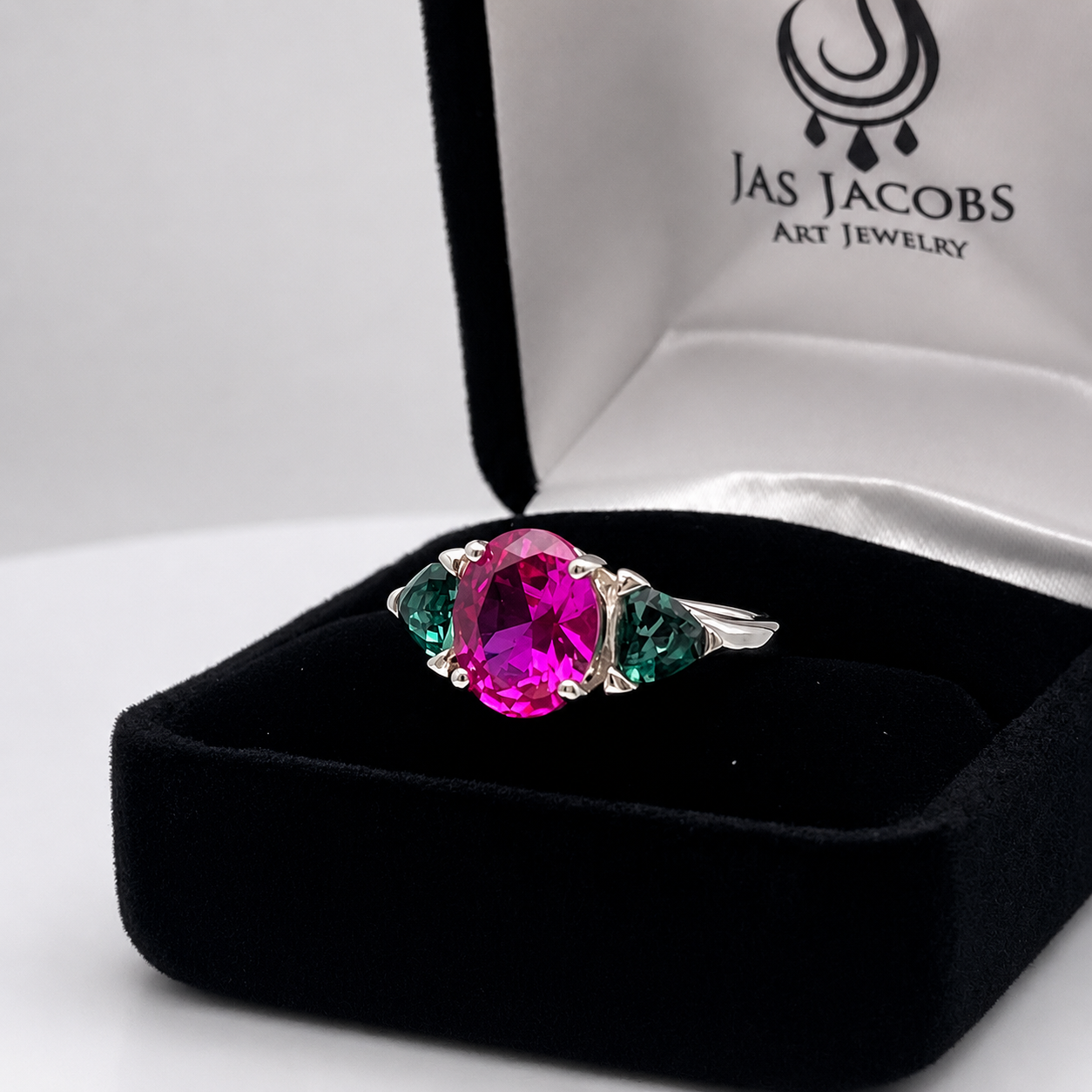 Watermelon Ring | 5CTW Oval Pink Sapphire Ring | Trillion Green Tourmaline Three Stone Ring