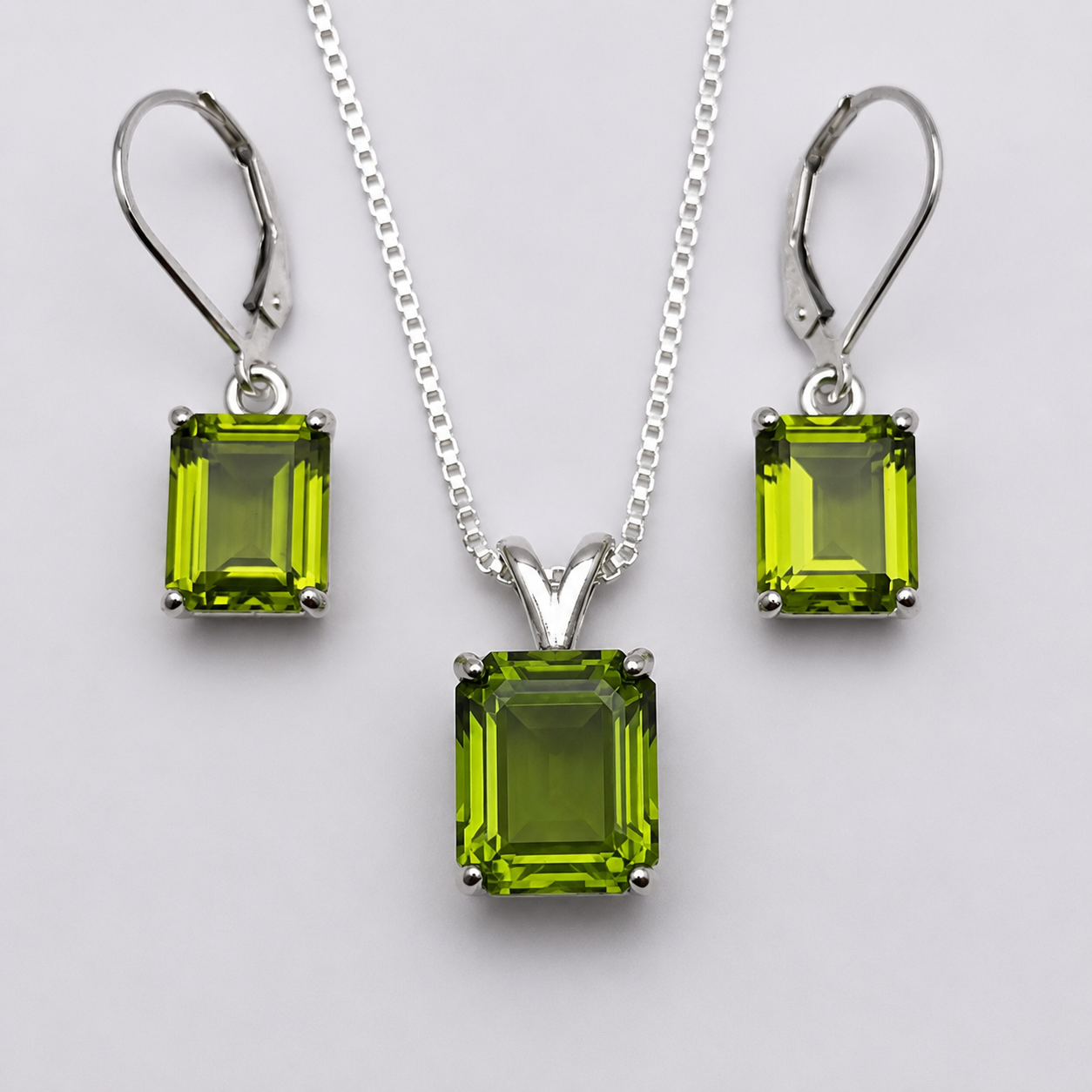 Emerald Cut Peridot Necklace and Earrings Set in Sterling Silver | August Birthstone Jewelry Gift for Her