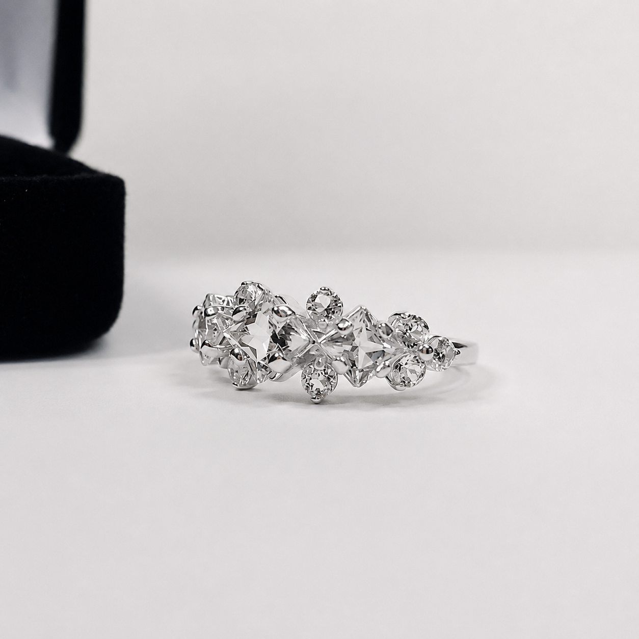 Art Deco Inspired Princess Cut White Sapphire and Diamond Three Stone Ring