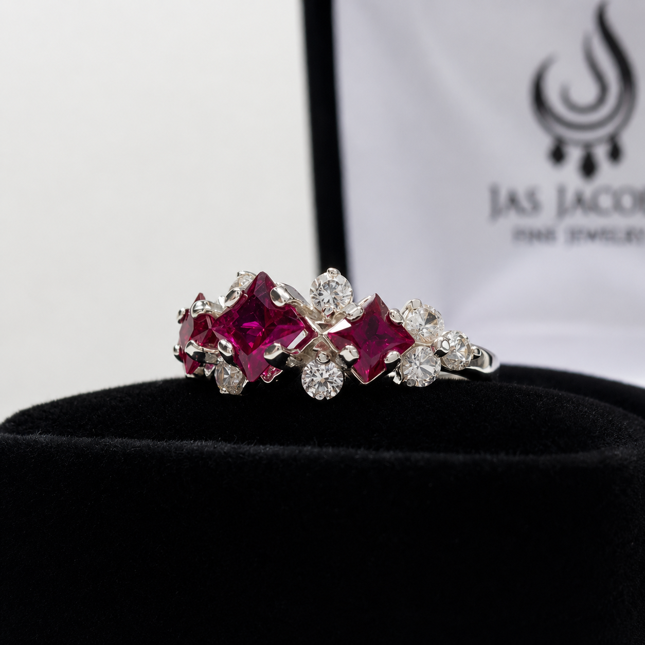 Art Deco Inspired Ruby and Diamond Three Stone Ring